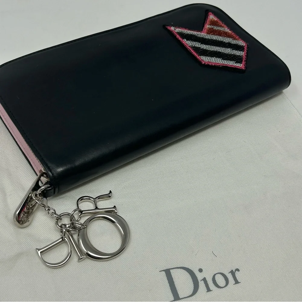 Dior Chevron Sequin Zip Around Long Wallet Black Leather Pink Interior Authentic